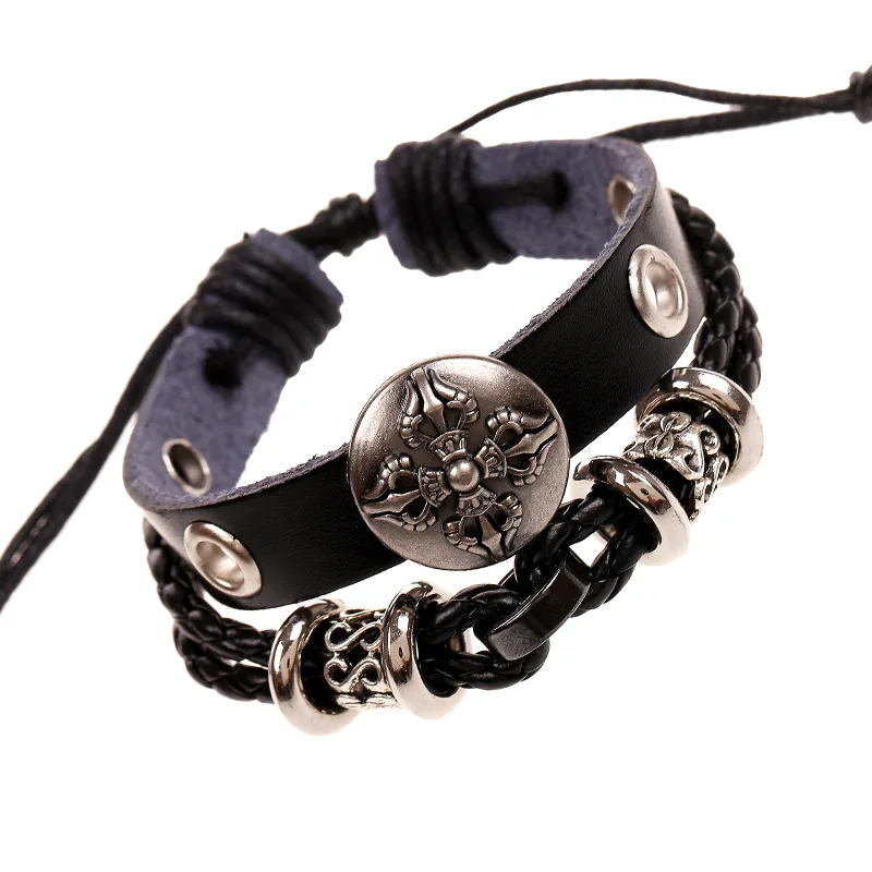 Hand woven accessory black genuine leather pulseira masculine boy hand