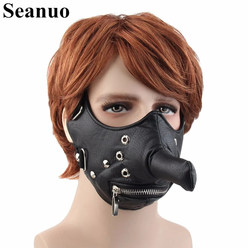 

Seanuo New Cospaly Dr. Beulenpest Steampunk Plague Doctor Mask Real Leather Rhino Horn Zipper Mask For Men Women Motorcycle Mask