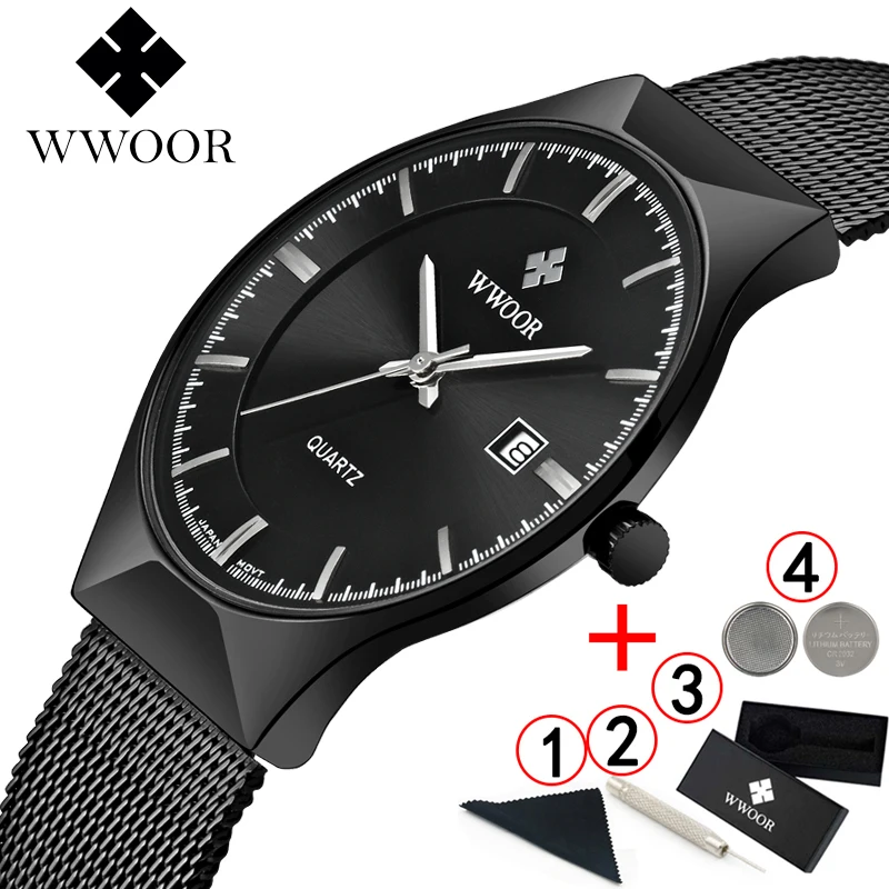 

Watches Men WWOOR Fashion Gentleman Mesh Steel Watch Men Ultra Thin Wristwatch Mens Waterproof Minimalist Black Watch Man 2019
