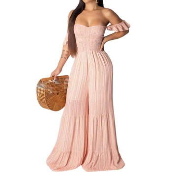

Striped Print Ruffle Flares Pants Jumpsuits Women Slash Neck Strapless Off Shoulder Sleeveless Female Casual Loose Jumpsuit