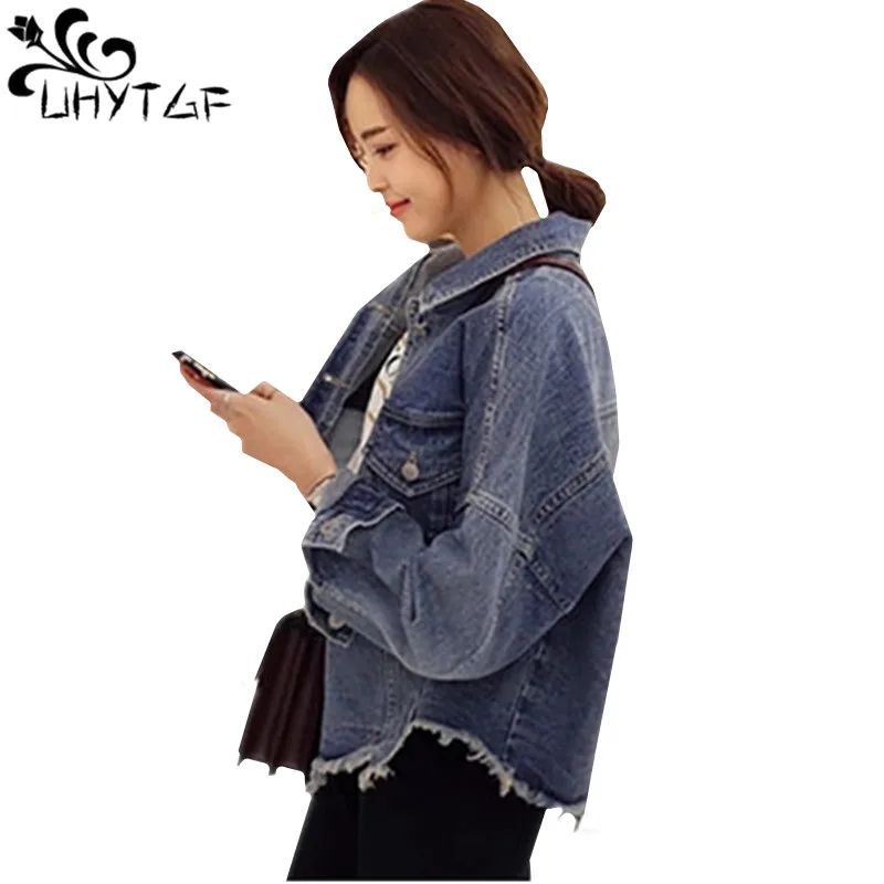 UHYTGF Spring Autumn Denim Jacket for Women Fashion Tassel