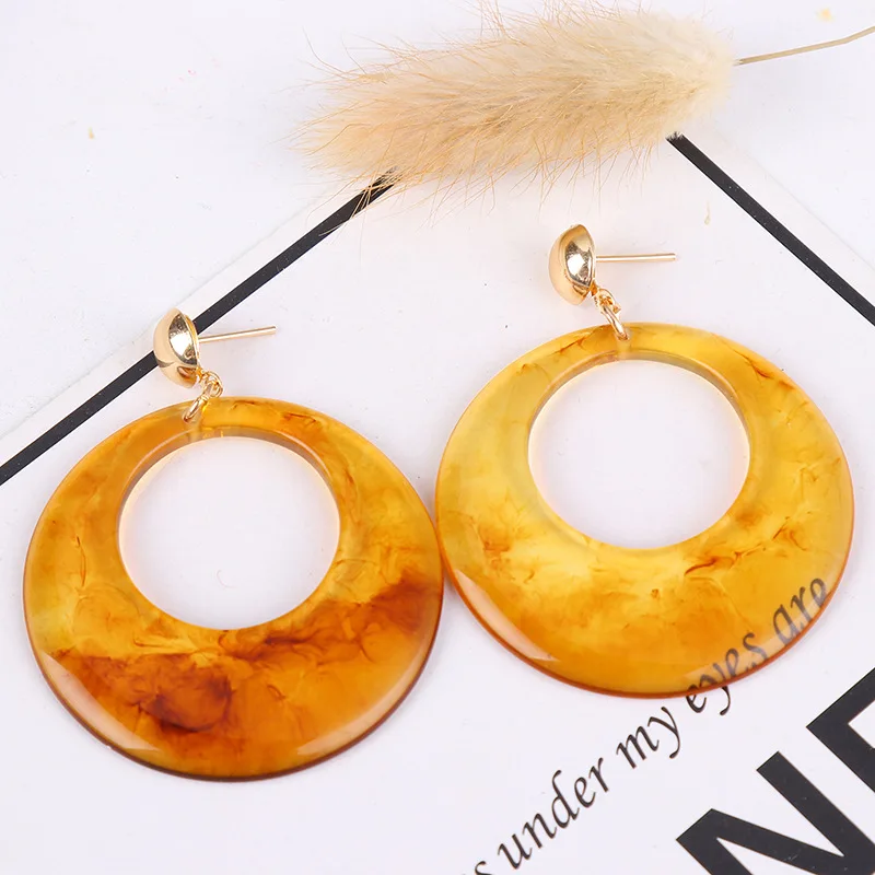 

Tiger Eye Round Circle Yellow Color Acrylic Acetate Acetic Acid Big Dangle Drop Statement Earrings for Women New Jewelry