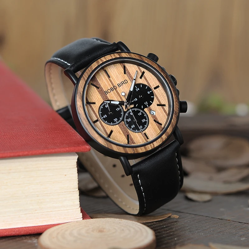 BOBO BIRD Stopwatch Bamboo Wooden Watches Men Wrist Watch Quartz Clock Gift in Wood Box Saat erkek in Wood Box Customize Logo