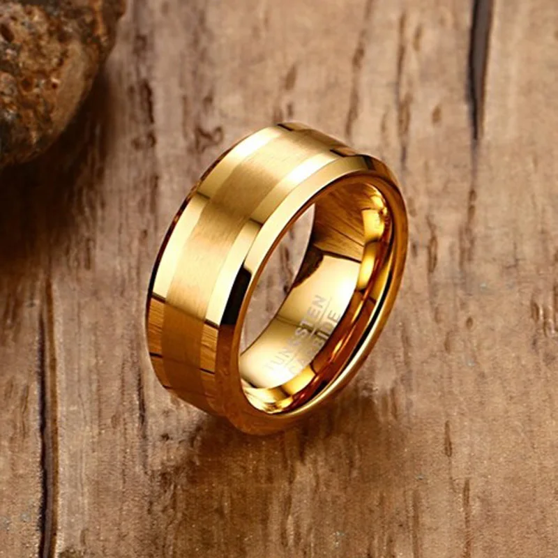 Mens Rings 8MM Tungsten Carbide Gold-color Finger Ring for Men Engagement Wedding Bands Comfort Fit Fashion Jewelry anillos anel