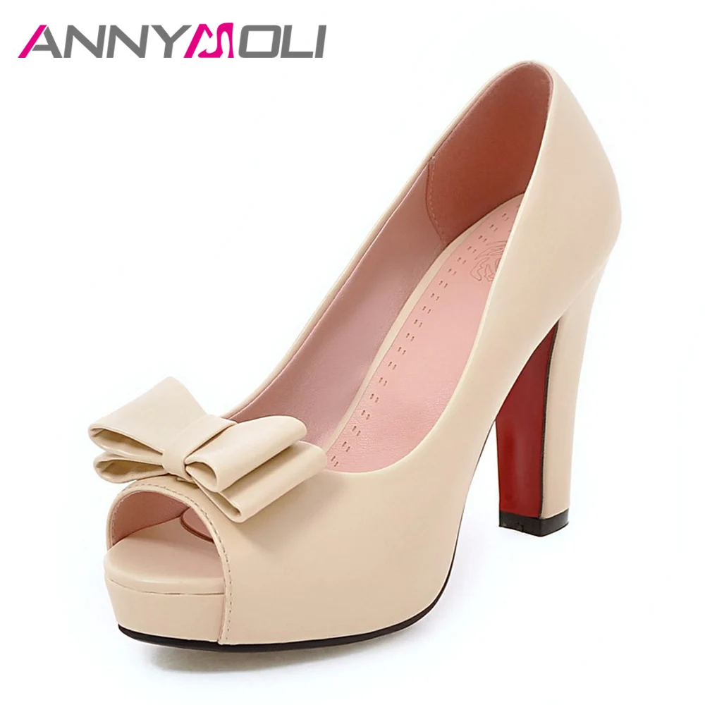 ANNYMOLI Women Pumps High Heels Platform Open Toe Bow Women Party Shoes Peep Toe High Heels luxury Women Shoes Size 43 33 Spring