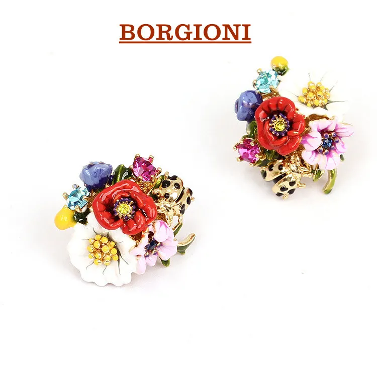 

New Fashion High-end Enamel Glaze Flower Series Ladybug Stud Earrings Silver Needle Flower Earrings For Women Jewelry