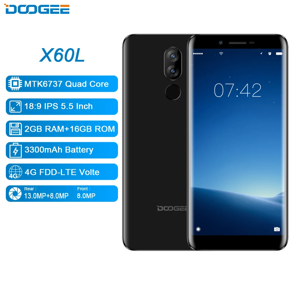  DOOGEE X60L 5.5'' 4G Network MTK6737 Quad Core 2GB RAM 16GB ROM 4G Dual Camera 13.0MP Android 7.0 3