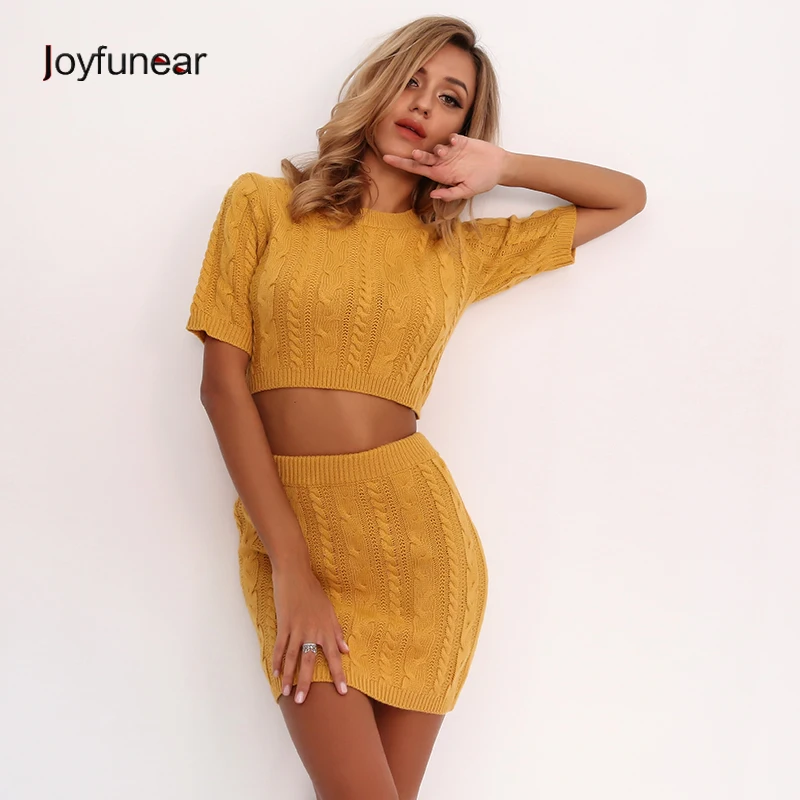 

Joyfunear Autumn Winter Sweater Sexy Dress Women Elegant Bodycon Yellow Knitted Christmas Dress Party Two-Piece Dresses Vestidos