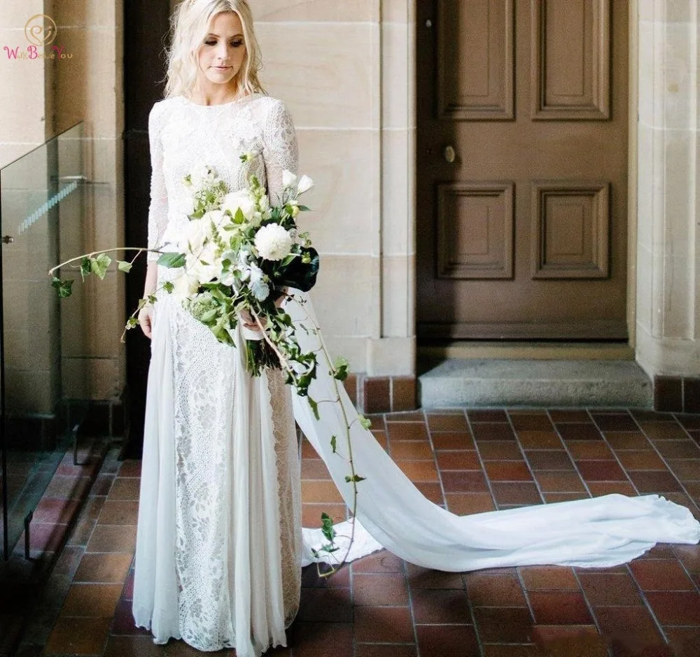 Boho Wedding Dresses 2019 Vintage Lace Sheer Illusion Three Quarter Sleeves Appliques Scoop Neck Chiffon Bridal Gowns
Boho Wedding Dresses 2019 Vintage Lace Sheer Illusion Three Quarter Sleeves Appliques Scoop Neck Chiffon Bridal Gowns