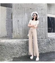 Fashion 2019 Summer Women Ice Silk Knit Pleated Wide Leg Pants Elastic High Waist Straight Pants Lace Up Solid Long Trousers lace up color block selvedge embellished straight leg pants for men