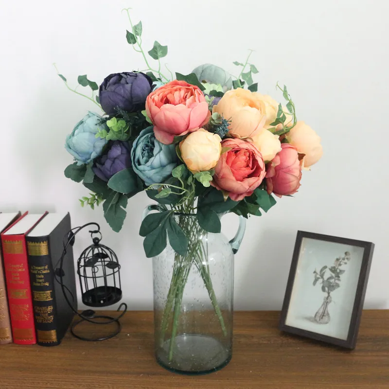 Flone Hight Quality Silk Flower European Peony Bouquet Artificial Flowers Fake Leaf Wedding Home Party Decoration | Дом и сад