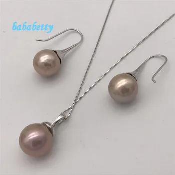 

New AA12-13 mm real natural purple south sea pearl Tibetan silver earrings Pendant necklace set 001