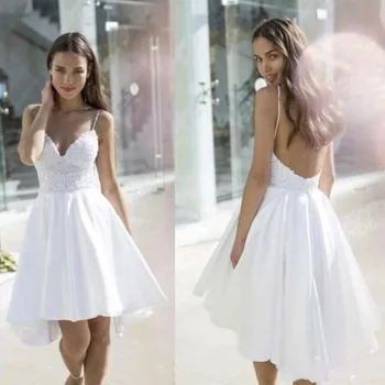

Spaghetti Straps White Ivory Short Boho Wedding Dresses V-Neck Little Summer Bridal Gowns Backless vestido de noiva curto