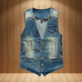 

Plus Size Denim Vest Jeans Cowboy Vintage Casual Sleeveless Cardigan Men Jacket