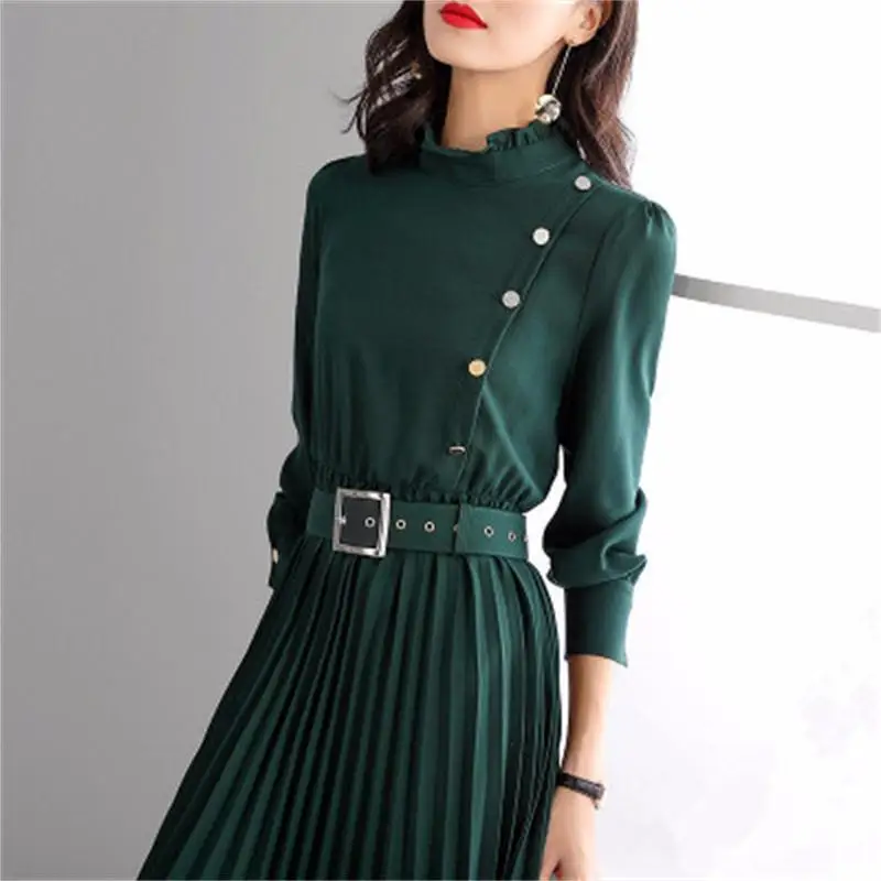 

Fashion dress Female autumn /spring New Lotus leaf collar long paragraph pleated dress Slim thin waist big swing dress women