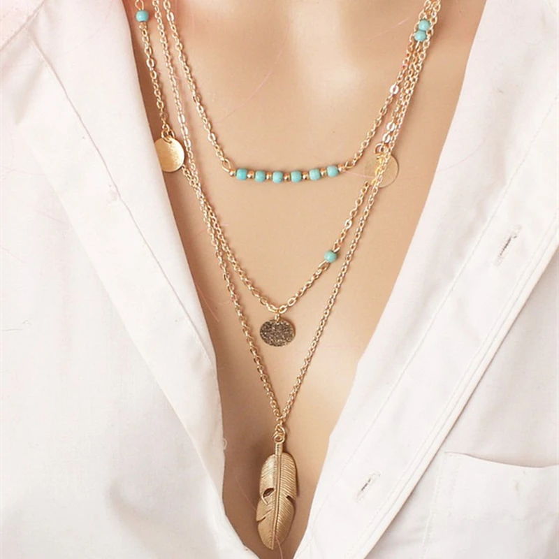 

M MISM New Design Women Bohemian Feather Pendant Vintage Necklace Simple Long Pearl Chain Boho Jewelry Statement Accessories