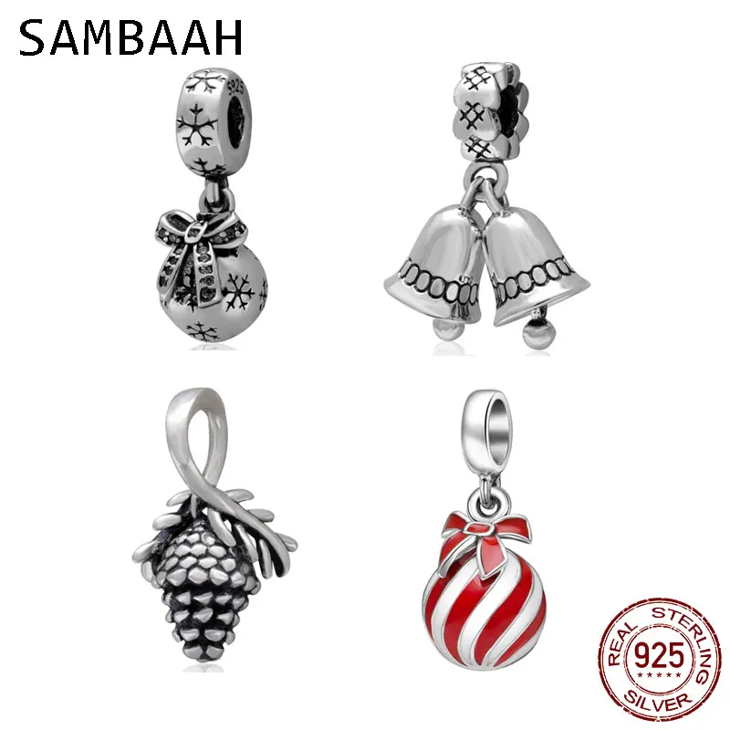 

Sambaah Christmas Ornament Pinecone Charm 925 Sterling Silver Xmas Ball Bell Beads for Original Pandora Christmas Gifts Bracelet