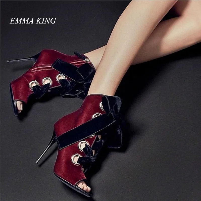 

2019 New Arrival Solid Suede Lace-Up Sexy Women High Heels Ankle Boots Peep Toe Side Zip Stilettos Fashion Gladiator Shoes Woman