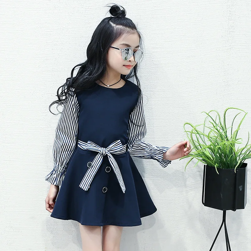 

2018 Girls Dress Spring Clothes For Girls 4 5 6 7 8 9 10 11 12 13 Years Striped Flare Sleeve A-line Preppy Style Casual Dresses