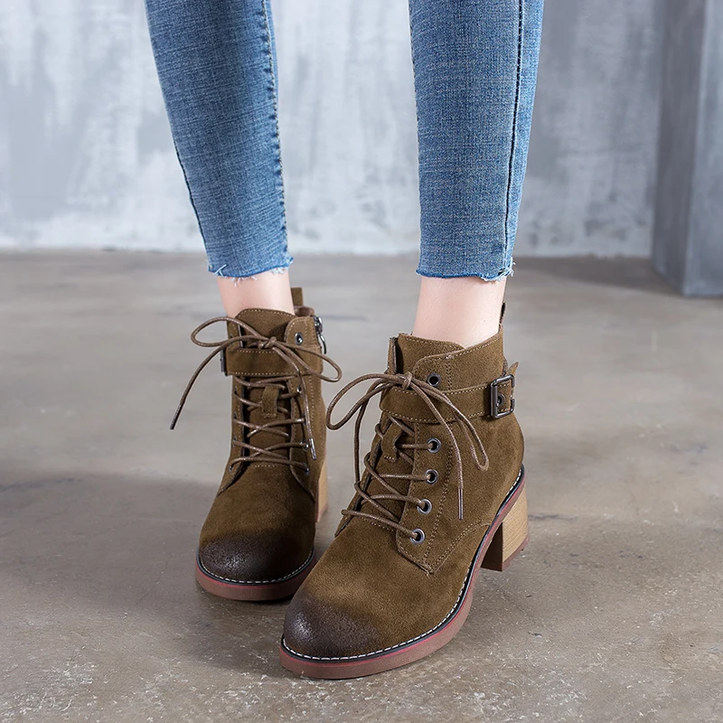

Buckle Strap Women Boots Shoes Nubuck Leather VALLU Lace-Up Ankle Booties Female Outdoor Leisure Lady High Heel Shoes