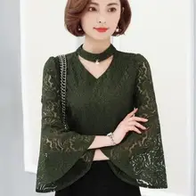 Кружевная Базовая футболка Женская Весенняя рубашка женские, с расклешенным рукавом v-образным вырезом плюс размер футболки топы