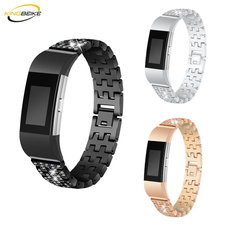 

KINGBEIKE Stainless Steel Watchband For Fitbit charge 2 Business Metal Bling Drill Wrist Bracelet Strap Replacement Watch Band