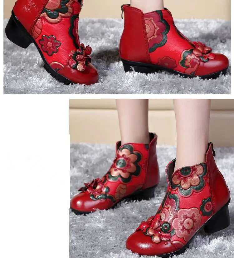 Г. Осенне-зимние женские ботинки из натуральной кожи в национальном стиле винтажные мотоциклетные ботильоны ручной работы обувь для мам с цветочным узором