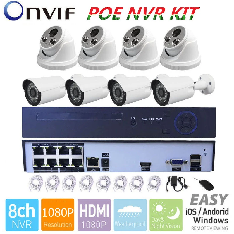 Полный 8CH 1080P POE Комплект POE NVR 8 шт. 2.0mp PoE IP камера P2P облачная служба CCTV система видеонаблюдения ONVIF с 8 камерой s