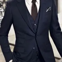 5 шт.(куртка+ брюки+ платок+ жилет+ галстук) с отворотом на двух пуговицах темно-синий красивый модный мужские костюмы на заказ парадный смокинг