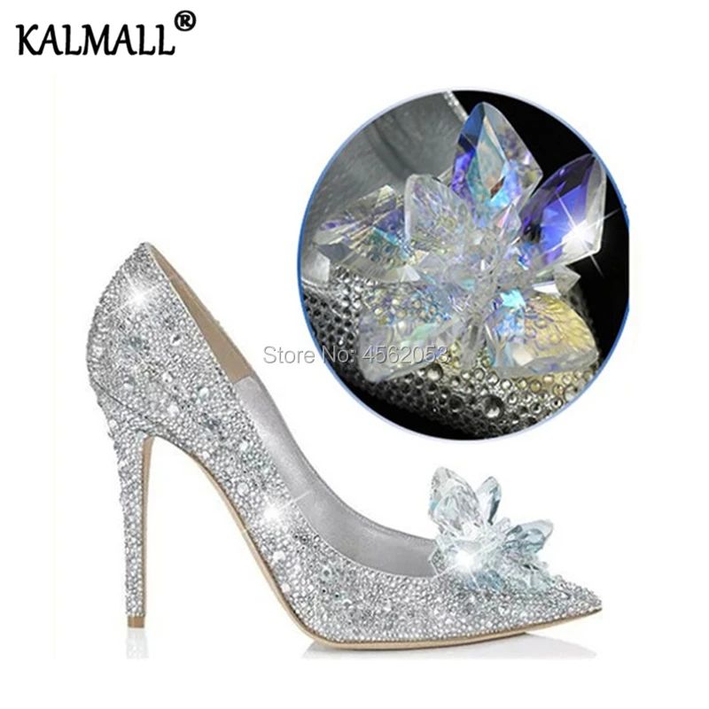 

KALMALL Cinderella Princess Luxury Rhinestone Studded High Heels Pointed Toe Slip On Tacones Mujer Crystal Flower Wedding Shoes