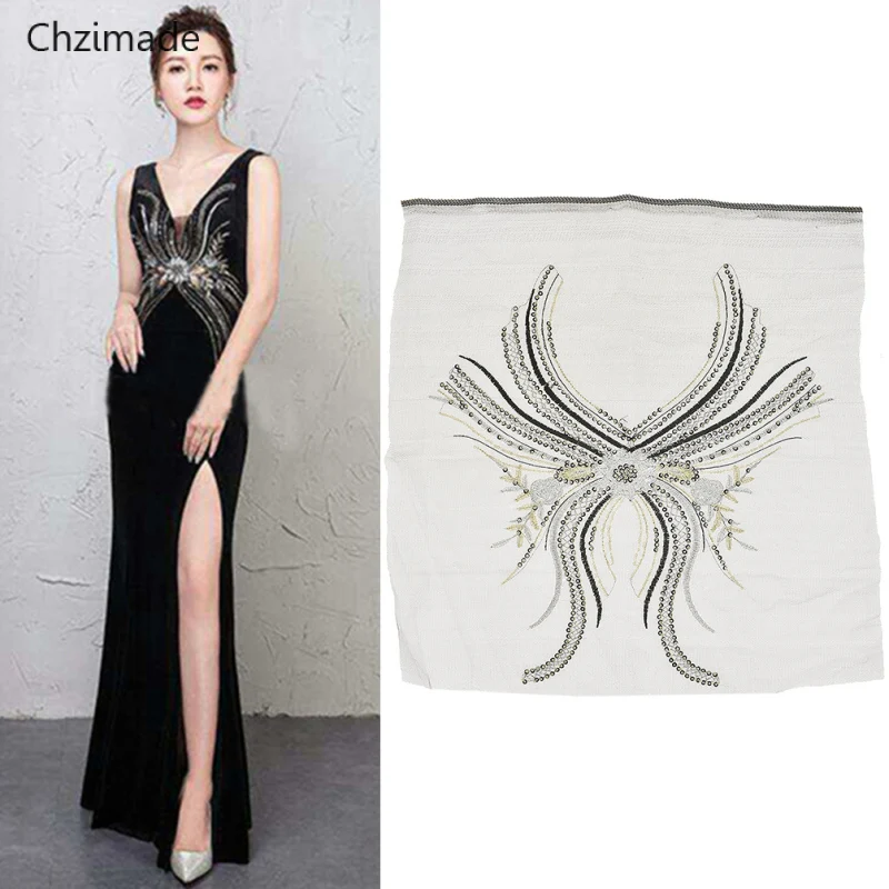 

Chzimade Beaded Sequins Patches Embroidery Neckline Collar Applique Patches Sewing On Clothes Garment Accessories