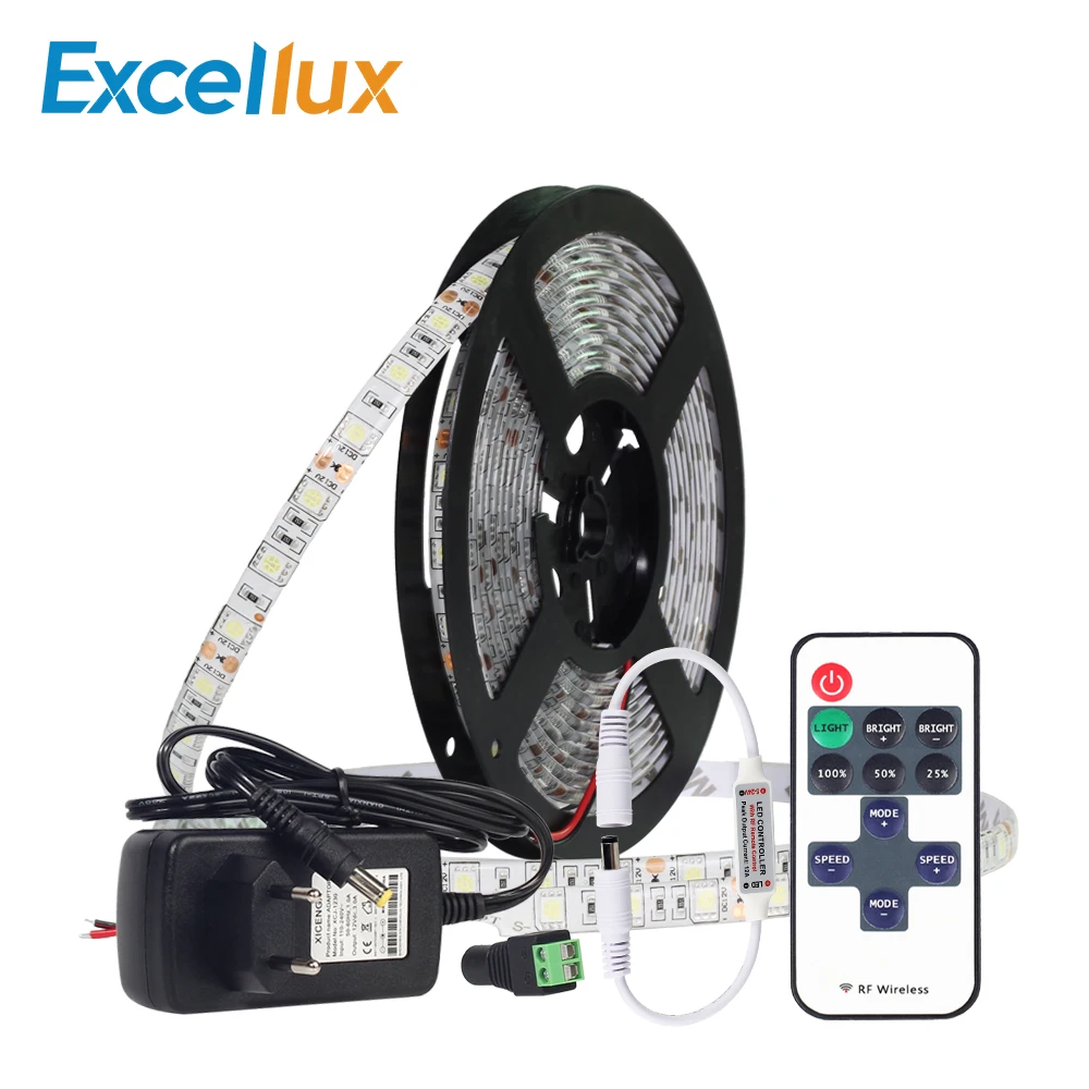 cheap DC12V 5M 300LEDs White Warm White LED Strip set 11KEY RF Single Color LED Controller+ 220V to 12V 3A power supply EU US plug