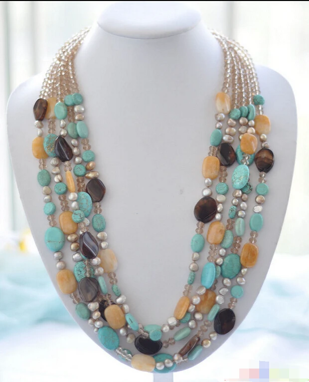 

song voge gem nanJ0390 pearl jade agate turquoise smoky quartz NECKLACE