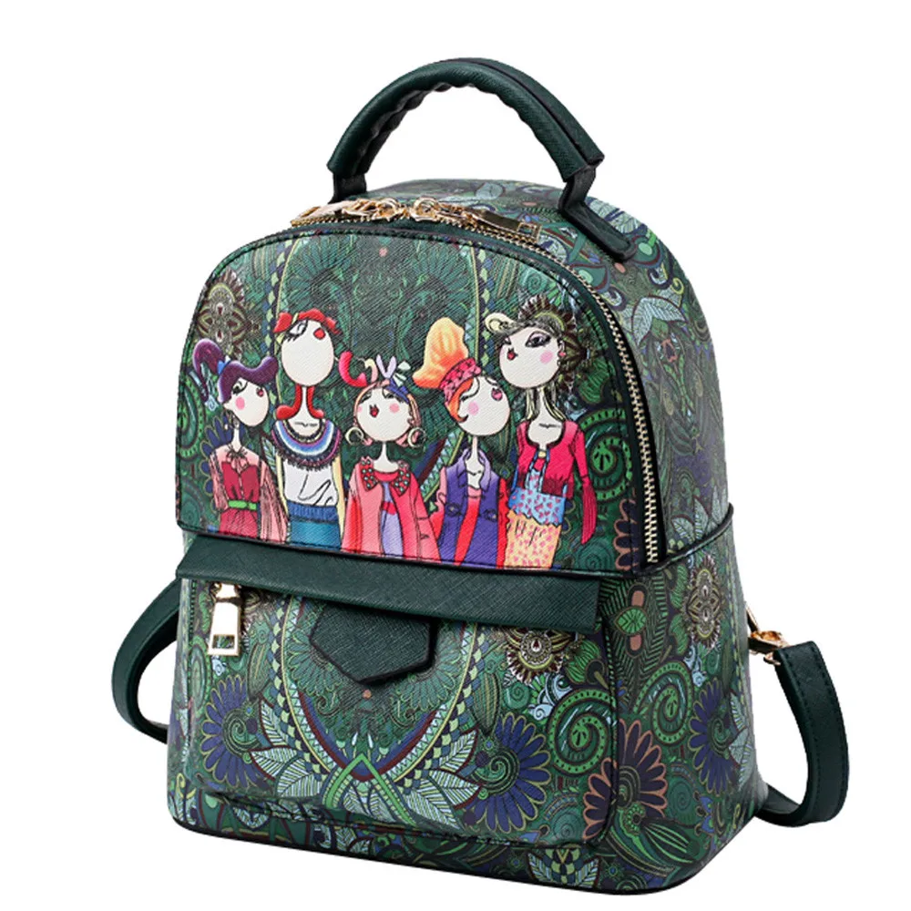Retro Green Forest Printing Backpack Women Mini Backpack Double