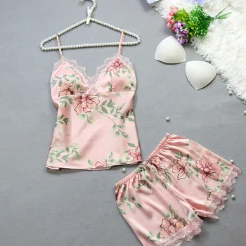

Sexy Lingerie Print Floral Spaghetti Strap Women Pajama Set Silk Satin Lace Women Sleepwear 2019 Summer V-Neck Two Piece Pajamas