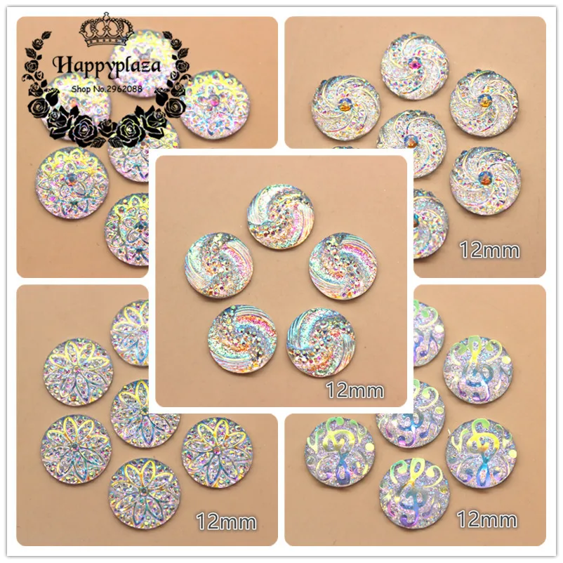 

100pcs 12mm Round Clear AB Wind/Star/Musical Note/FlowerSurface Resin Flatback Cabochon DIY Craft Artesanato Accessories