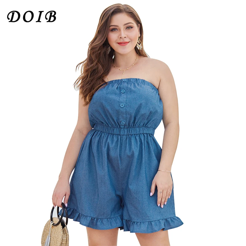 

DOIB Plus Size Playsuit Jean Denim Blue Strapless Slash Neck Ruffle Elastic Waist Wide Leg Jumpsuit XL XXL XXXL XXXXL