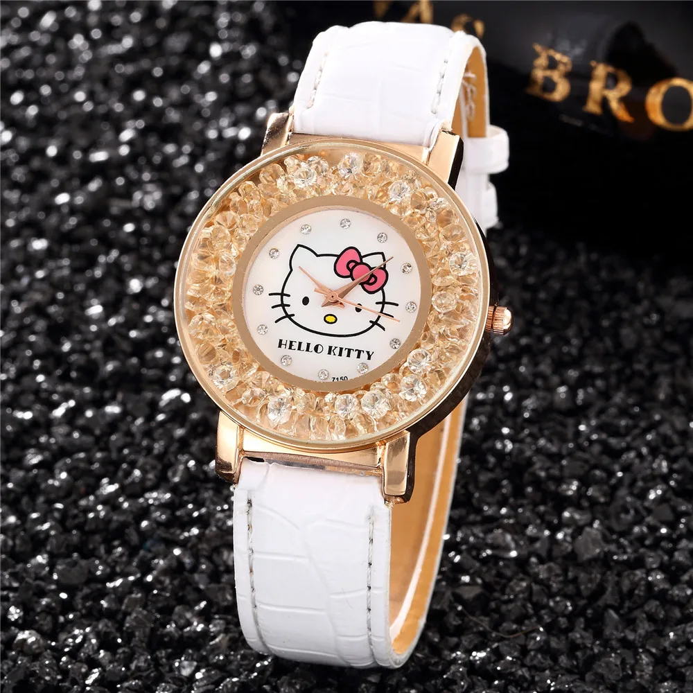 Cartoon Hello kitty Kids Watches Rhinestone Dress Pink Cute Cat Clock