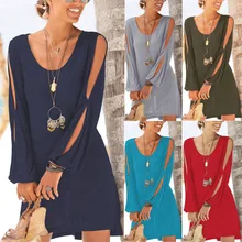 Модное женское однотонное пляжное стильное мини-платье, повседневное женское платье с круглым вырезом и рукавами