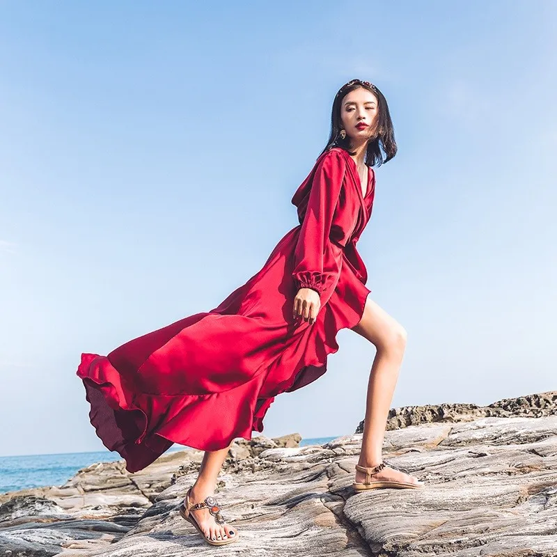 

Women Beach Seaside Bohemia Long Red Sexy Dress Summer Slim Long Sleeve Elegant Vestidos E780
