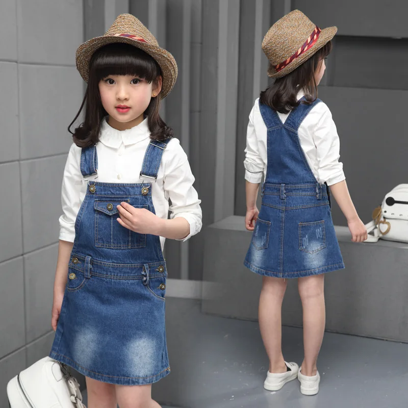 

2017 Brand New Baby Girl Jean Suspender Dress Solid Color Pocket Decor Kid Braces Dress Children Spring Autumn Denim Clothes