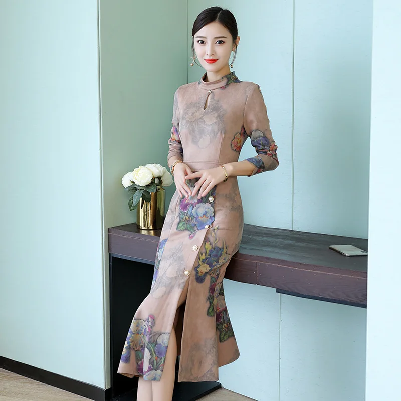 

Size M-2XL 2019 spring and autumn new long-sleeved bag hip fishtail dress high quality Slim print elegant temperament Vestido