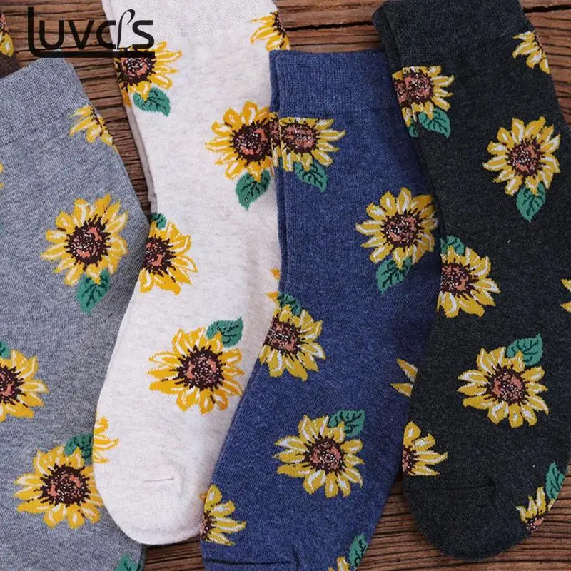 LUVCLS 1pair Sunflowers Print Women Socks Soft Cotton Harajuku Socks Harajuku Casual Compression Socks For Women Ladies