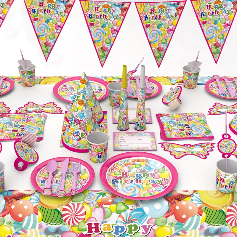 

Lovely candy theme Party Tableware Plates Napkins Happy Birthday Kids favors Cartoon Cups Baby Shower Party Supplies&Decor