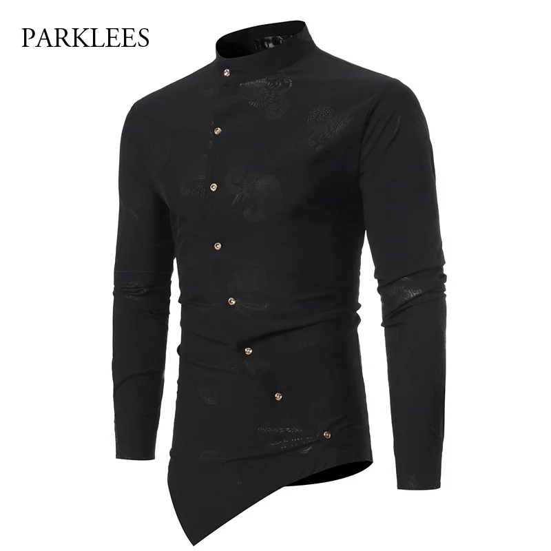 

Mandarin Collar Tuxedo Shirt Men Longline Irregular Hem Button Long Sleeve Camisas Paisley Floral Mens Gentleman Dress Shirts