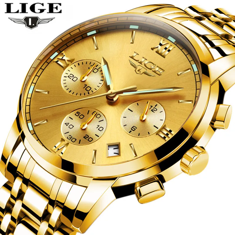 

Top Marque De Luxe LIGE Hommes de Quartz-Montre En Acier Inoxydable Bande Noir Horloge Chronographe hommes Montres relogio