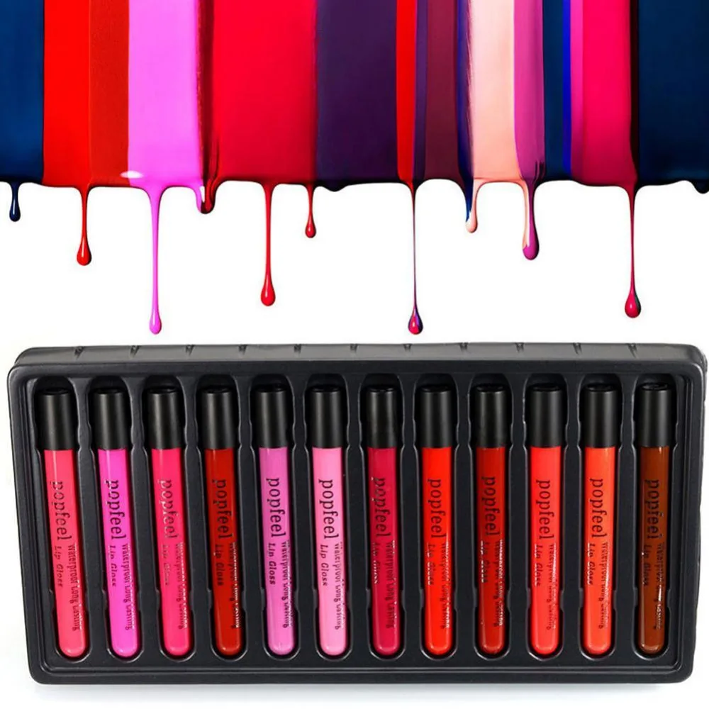 

POPFEEL 12 Pcs/Set Cosmetics Lip Kit Maquiagem Matte Lip Gloss Matt Lipstick Liquid Make up Lips Makeup Lip Pencil Batom