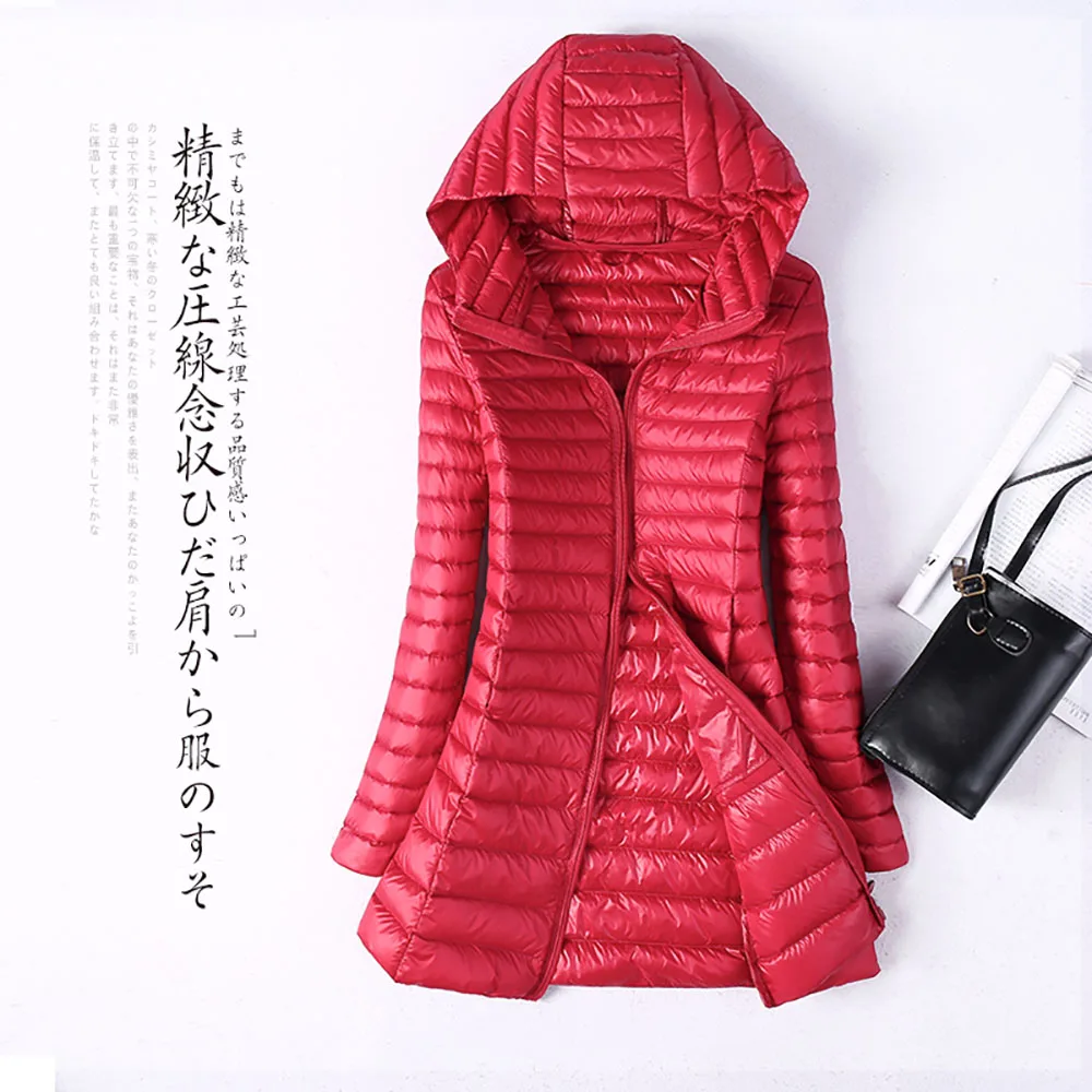 Осенне-зимняя женская куртка-пуховик на утином пуху, тонкие длинные парки для девушек, 6XL, теплое пальто с капюшоном размера плюс, ультра-светильник, верхняя одежда, ветровки - Цвет: Red