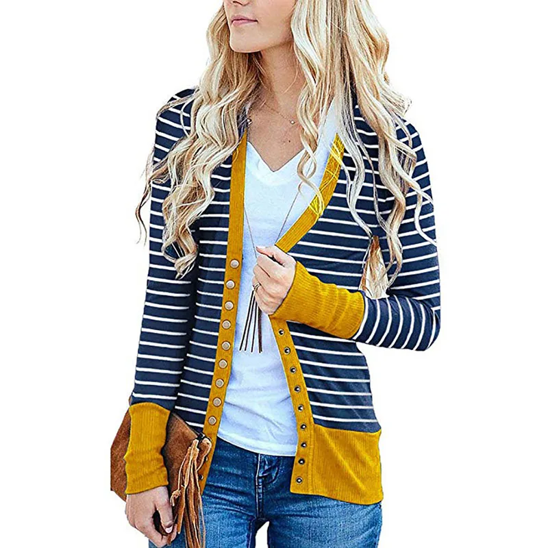 Spring Winter Women Casual Striped Thin Coat Jacket V Neck Cardigans Streetwear Jumper | Женская одежда