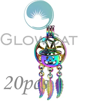 

20X Rainbow Witch Hat Dream Catcher Beads Cage Perfume Diffuser Oyster Pearl Cage Locket Pendant CC925